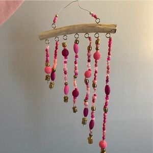Handmade Driftwood Beaded Wind Chime Pink Magenta Brass Bells Boho Wall Decor